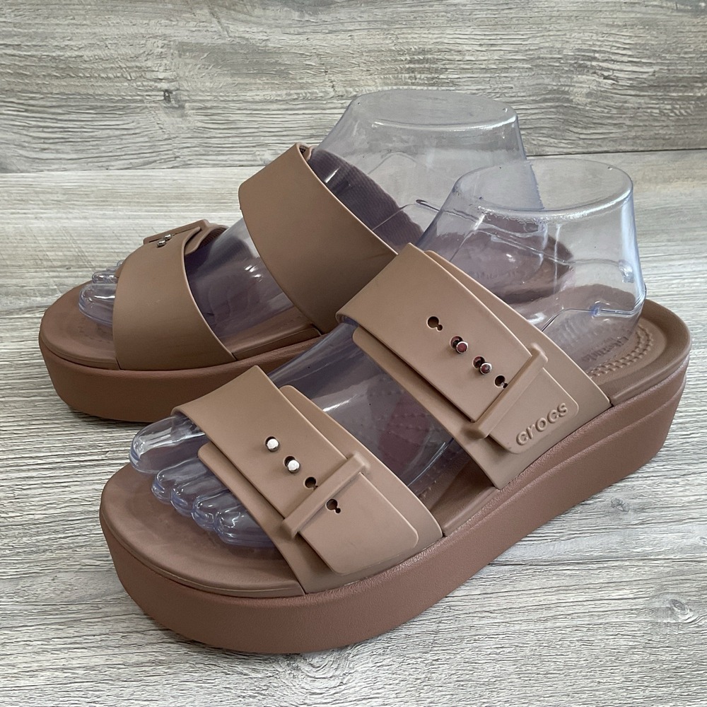 Crocs Lite Ride Beige Brooklyn Platform Sandals Mid Wedge Buckle Slide Women's 9 - Picture 5 of 15